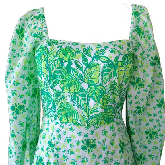 LILLY PULITZER Esteli Romper Size 4 Puff Sleeve Green Party Animals - Picture 8 of 15